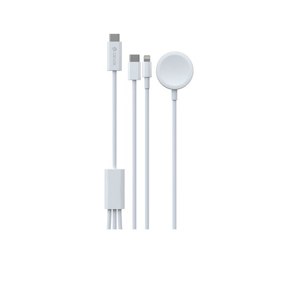 Kábel Devia 3v1 Smart EA520 USB-C - USB-C + Lightning biely s indukčným magnetickým nabíjačom pre Apple Watch