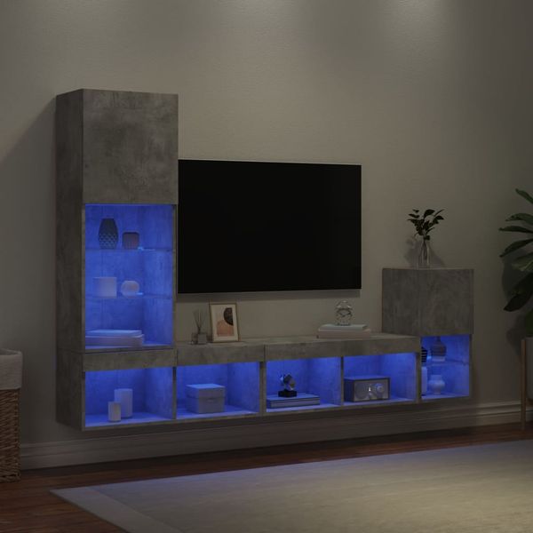 vidaXL 4-dielne TV nástenné skrinky s LED betónovo sivé kompozit.drevo