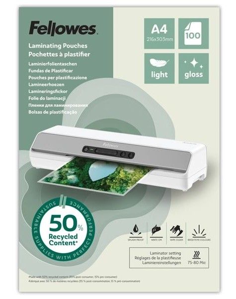 Laminovacia fólia Fellowes A4 80 mic z recyklovaného materiálu (50%), lesklé