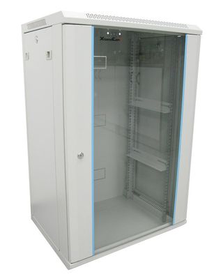 XtendLan 18U/600x450, na zeď, jednodílný, skleněné dveře, šedý Rozvadec, 19", na stenu, jednodílný, výška 18U, 600 x 450, sklenené dvere, kourové sklo, nosnost 60kg, šedý