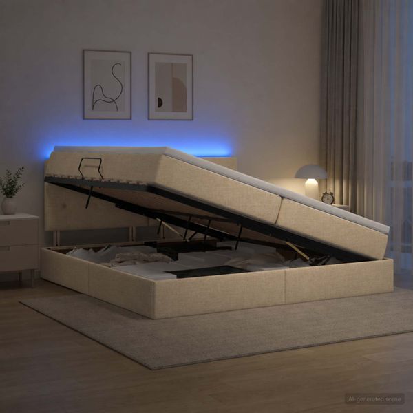 vidaXL LED úložná posteľ s matracom Krémová 200 x 200 cm Látka