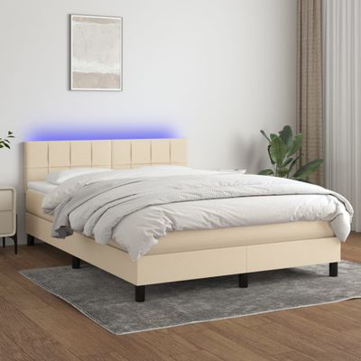 vidaXL Posteľ boxsping s matracom a LED krémová 140x200 cm látka