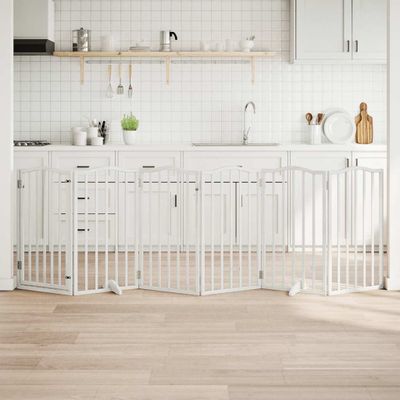 vidaXL Brána pre psa s dverami sklad. 6pan. biela 300cm topoľové drevo