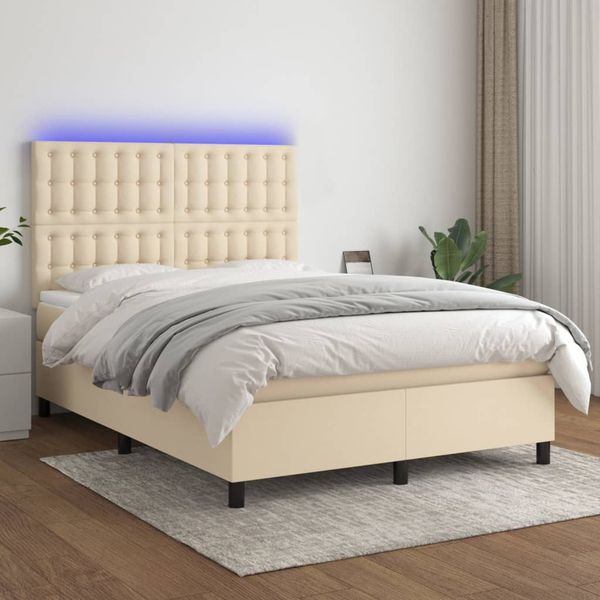 vidaXL Posteľ boxsping s matracom a LED krémová 140x200 cm látka