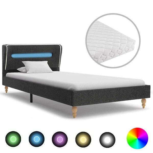 vidaXL Posteľ s LED a matracom tmavosivá 90x200 cm jutová