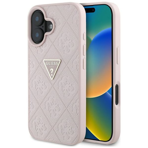 Guess Hardcase PU Zrnitý Horúci Stamp 4G Trojuholník Kovové Puzdro pre iPhone 16 6,1" Ružová