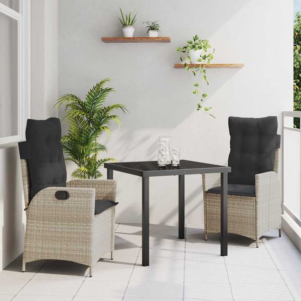 vidaXL Záhradný jedálenský set s vankúšom 3 pcs Svetlosivá polyratan