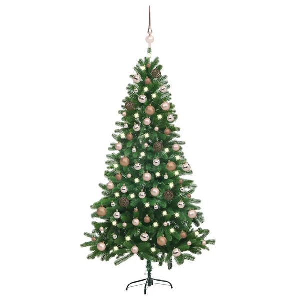 vidaXL Osvetlený umelý vianočný stromček s guľami 150 cm, zelený