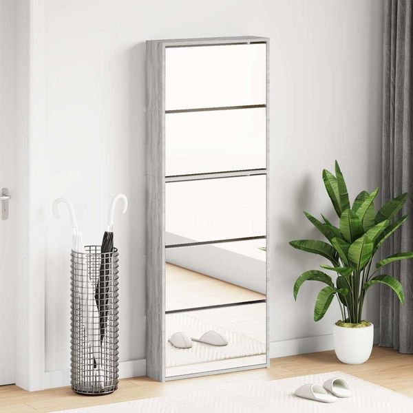 vidaXL Botník so zrkadlom 5-poschodový sivý dub sonoma 63x17x169,5 cm