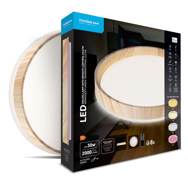 Modee Okrúhle stropné LED svietidlo CLG1W 30W 3CCT+RGB 2000lm, drevo, ovládač (ML-CLFG1W)
