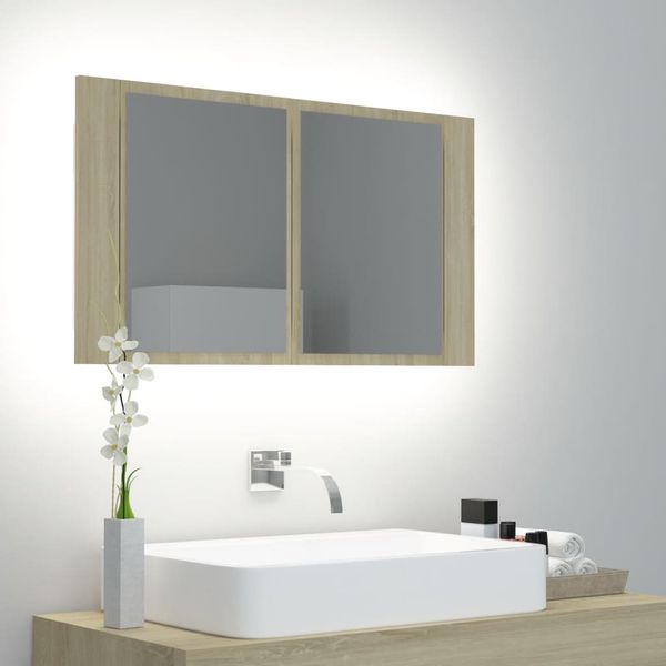 vidaXL LED kúpeľňová zrkadlová skrinka dub sonoma 80x12x45 cm akryl