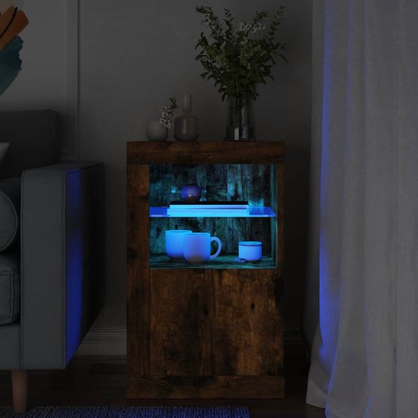 vidaXL Bočná skrinka s LED svetlami dymový dub kompozitné drevo