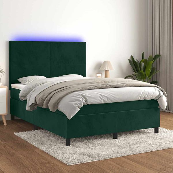 vidaXL Posteľný rám boxsping matrac a LED tmavozelený 140x190 cm zamat