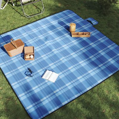 vidaXL Pikniková deka skladacia modrá kockovaná 200x200 cm zamat