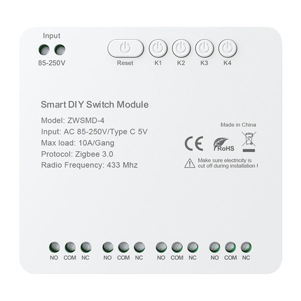 4-kanálový spínací modul ZigBee s beznapäťovým kontaktom DC 32V Avatto ZWSMMD-4-250V