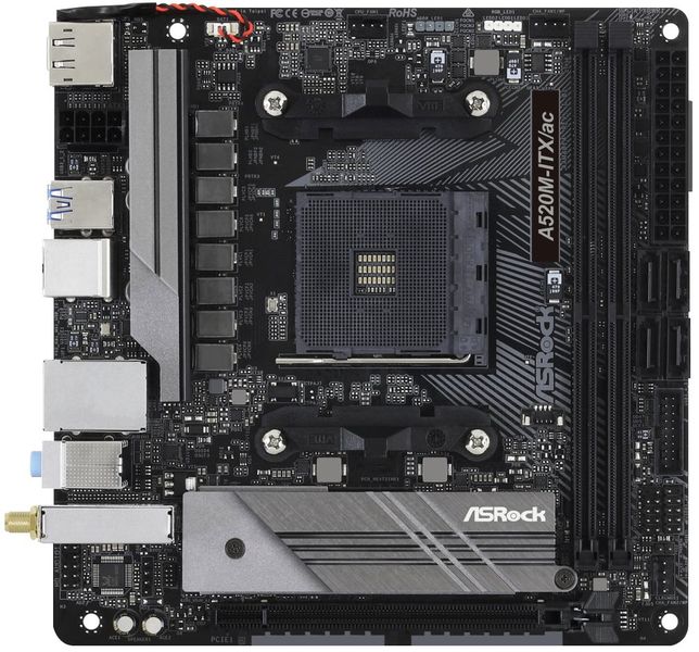 ASROCK MB A520M-ITX/AC (AM4, amd A520, mini ITX, 2xDDR4 4733+, VGA+HDMI, WIFI) Základní deska, AMD A520, AM4, 2x DDR4 DIMM (max. 64GB), Wi-Fi, M.2, HDMI, DisplayPort, USB typ C, Mini-ITX