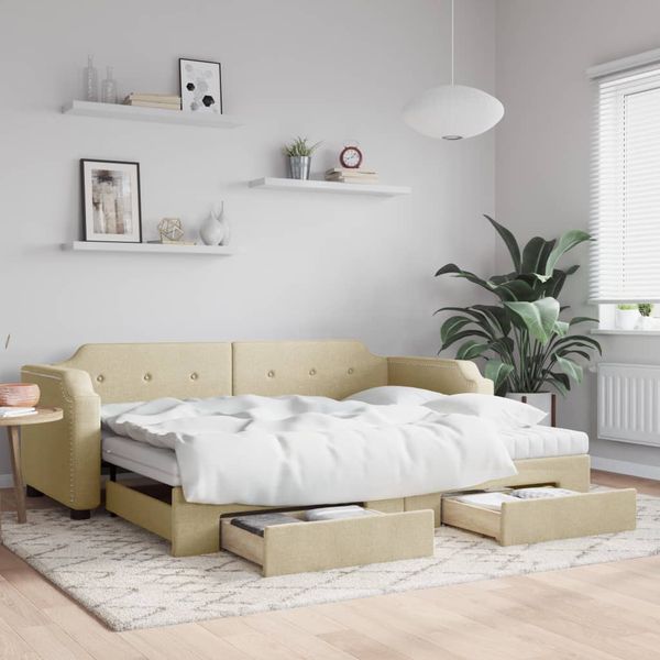 vidaXL Rozkladacia denná posteľ so zásuvkami krémová 90x200 cm látka