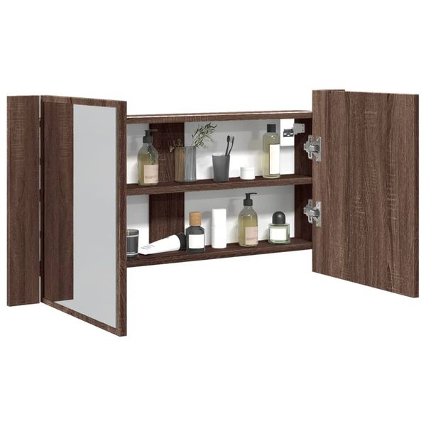 vidaXL LED kúpeľňová zrkadlová skrinka hnedý dub 90x12x45 cm akryl