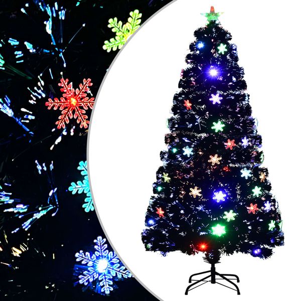 vidaXL Vianočný stromček s LED vločkami čierny 120 cm optické vlákno