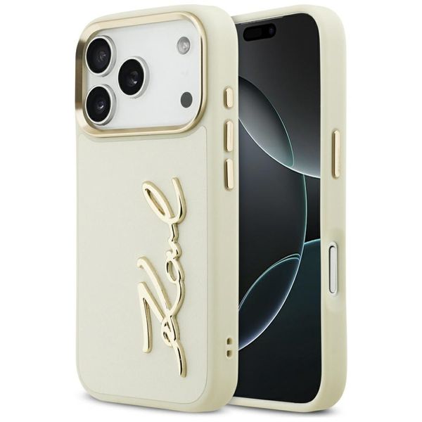 Puzdro Karl Lagerfeld z PU kože s logom Karl script a kovovými tlačidlami fotoaparátu pre iPhone 17 Pro béžová