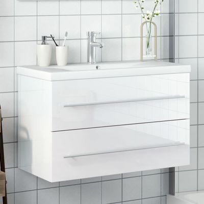 vidaXL Kúpeľňová skrinka so zabudovaným umývadlom vysoký lesk biela