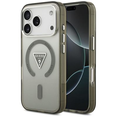 Puzdro Guess Case Magsafe IML Gradient s potlačou trojuholníkového loga a striebornými kovovými tlačidlami fotoaparátu pre iPhone 17 Pro Khaki