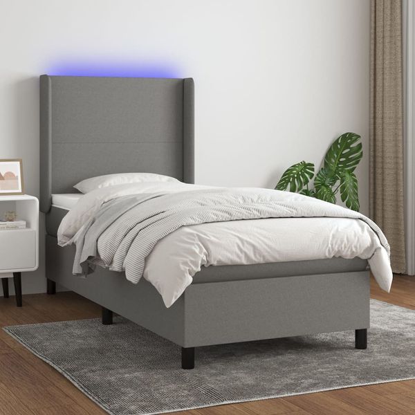 vidaXL Posteľ boxsping s matracom a LED tmavosivá 100x200 cm látka