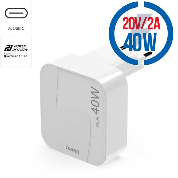 HAMA GaN, Rýchlonabíjačka, 2x USB-C PD/QC, 40W, bi