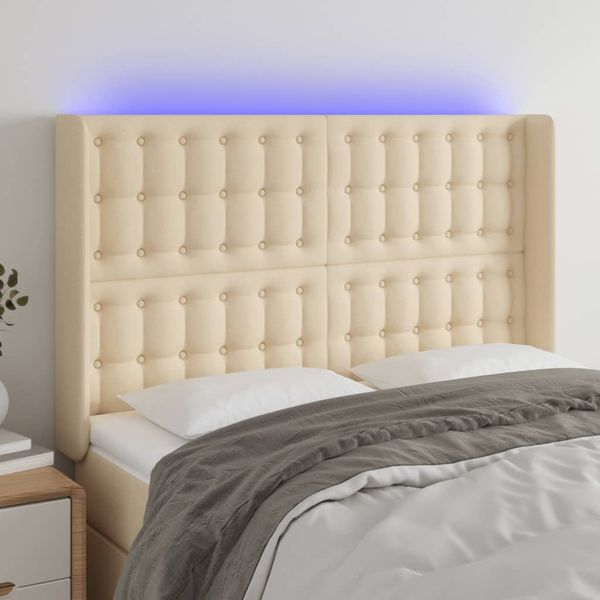 vidaXL Čelo postele s LED krémové 147x16x118/128 cm látka