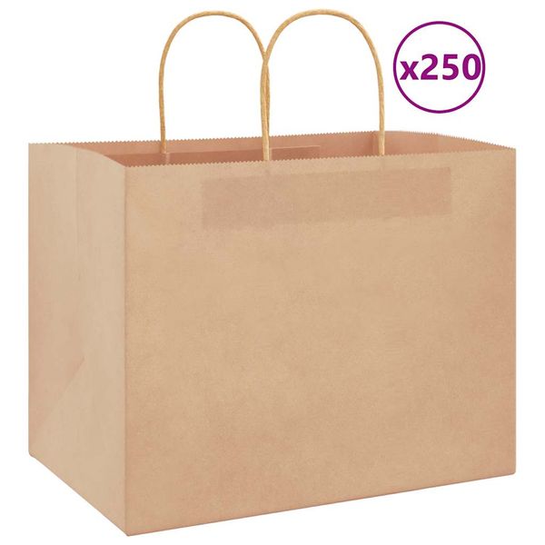 vidaXL Papierové tašky 250 ks s rúčkami, hnedá, 32x22x24 cm