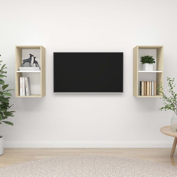 vidaXL Nástenné TV skrinky 2 ks, biela a dub sonoma, kompozitné drevo