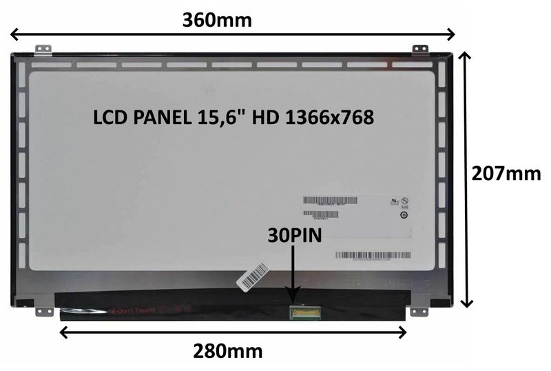 LCD PANEL 15,6'' HD 1366x768 30PIN MATNÝ / ÚCHYTY HORE A DOLE
