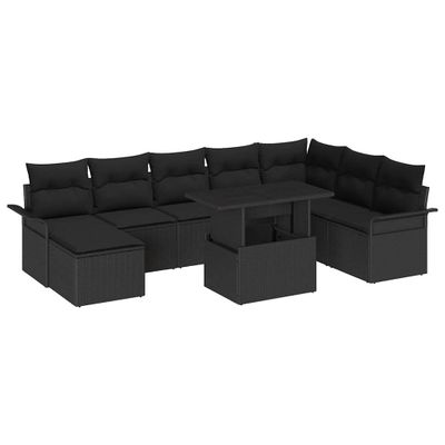vidaXL Súprava záhradných pohoviek s vankúšom s úložiskom 9 pcs Čierna