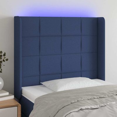 vidaXL Čelo postele s LED modré 83x16x118/128 cm látka