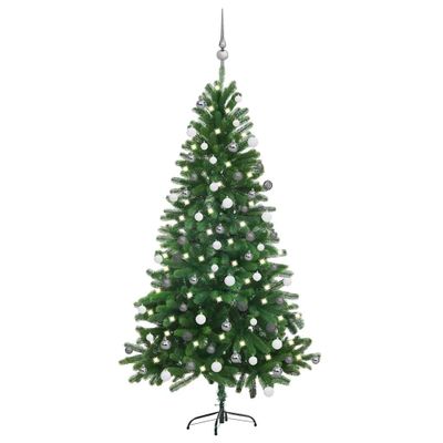 vidaXL Osvetlený umelý vianočný stromček s guľami 150 cm, zelený