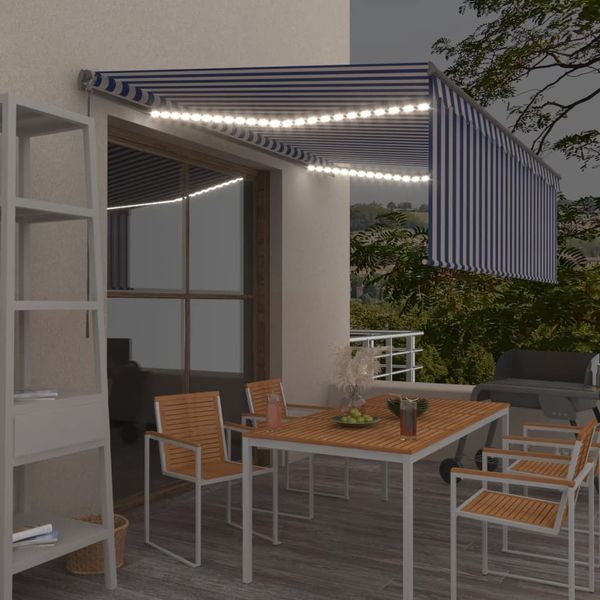 vidaXL Ručne zaťahovacia markíza s tienidlom a LED 4x3 m modro-biela