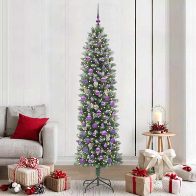 vidaXL Umelý chudý vianočný strom s 300 LED-i Zelená a biela 210 cm