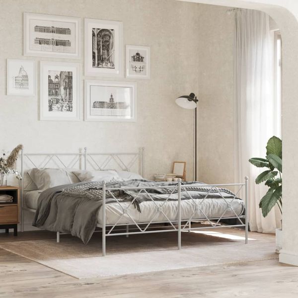vidaXL Kovový rám postele s čelom a podnožkou biely 150x200 cm