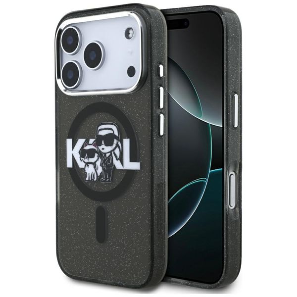 Puzdro Karl Lagerfeld Magsafe IML s trblietkami, kovový rám a tlačidlá fotoaparátu, kreslené logo Karla a Choupette pre iPhone 17 Pro čierne