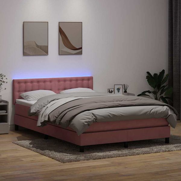 vidaXL Posteľný rám boxsping s matracom a LED ružový 140x210 cm zamat