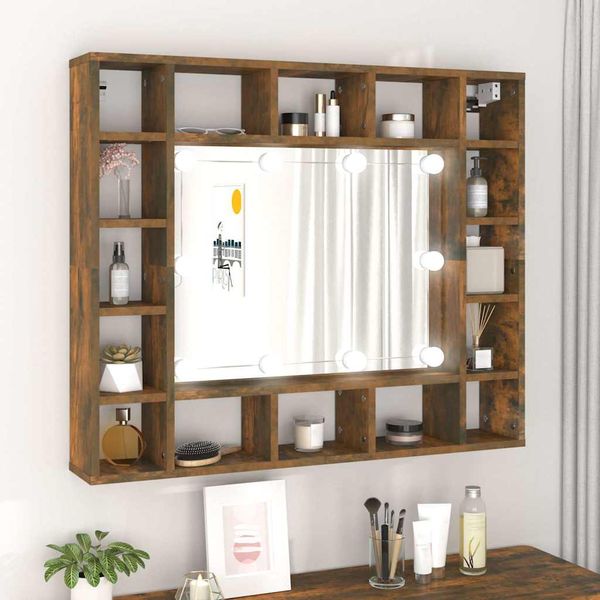 vidaXL Zrkadlová skrinka s LED dymový dub 91x15x76,5 cm