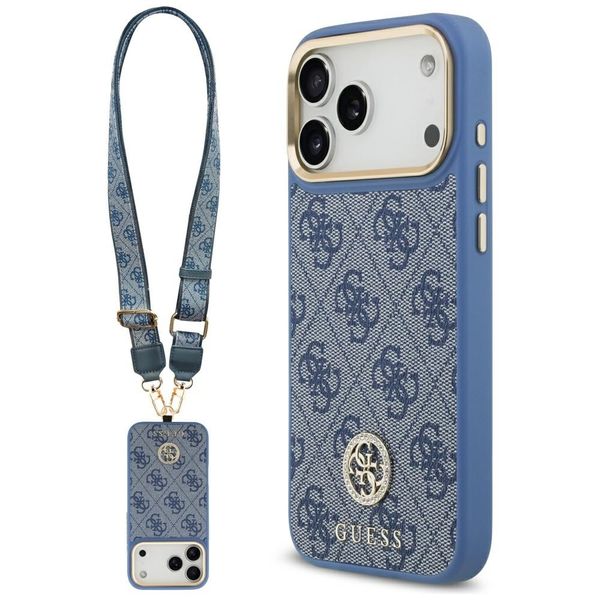 Puzdro Guess 4G Strass Logo & Big Strap Metal Buttons MagSafe pre iPhone 17 Pro Max modré