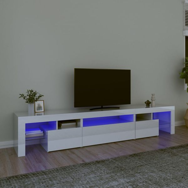 vidaXL TV skrinka s LED svetlami lesklá biela 215x36,5x40 cm