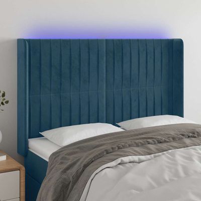 vidaXL Čelo postele s LED tmavomodré 147x16x118/128 cm zamat