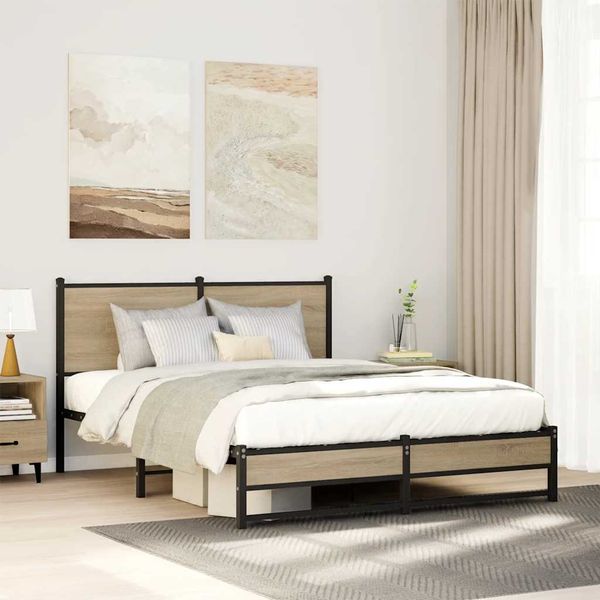 vidaXL Kovový posteľný rám bez matraca dub sonoma 150x200 cm