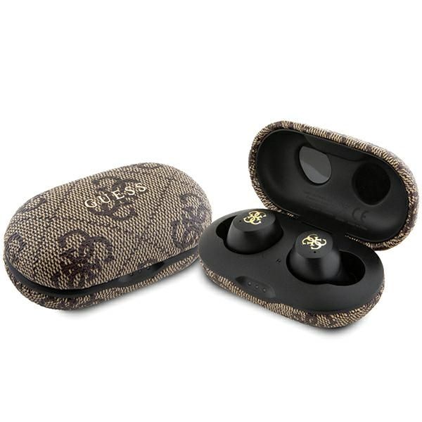 Bluetooth slúchadlá Guess GUTWSP4EGW TWS ENC 4G PU METAL LOGO hnedá