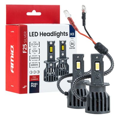 LED žiarovky hlavného svietenia Séria F25 SILVER FULL CANBUS H3 52 W 12 V 24 V AMiO-04702