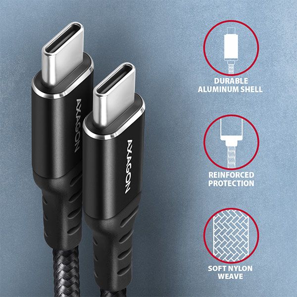 AXAGON BUCM-CM15AB, HQ kabel USB-C <-> USB-C, 1.5m, USB 2.0, PD 60W 3A, ALU, oplet, čierny
