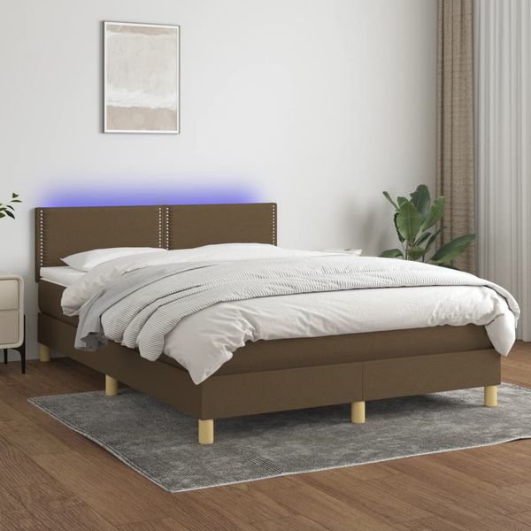 vidaXL Posteľ boxsping s matracom a LED tmavohnedá 140x200 cm látka