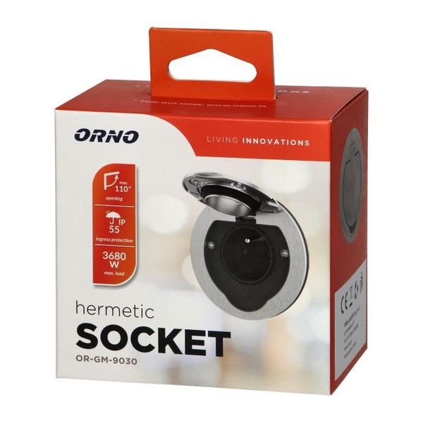 Zapustená zásuvka s viečkom, hermeticky uzavretá ORNO OR-GM-9030, nerez IP55 Zapuštěná zásuvka s víčkem, hermeticky uzavřená ORNO OR-GM-9030, nerez IP55